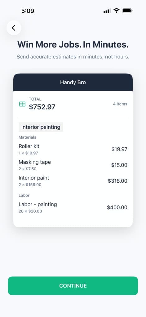 Handy Bro app showing an AI-generated construction estimate with itemized labor and materials
