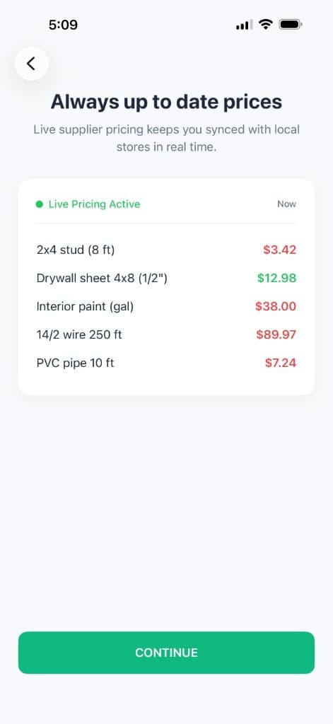 Handy Bro live material pricing screen showing current Home Depot and Lowe's prices